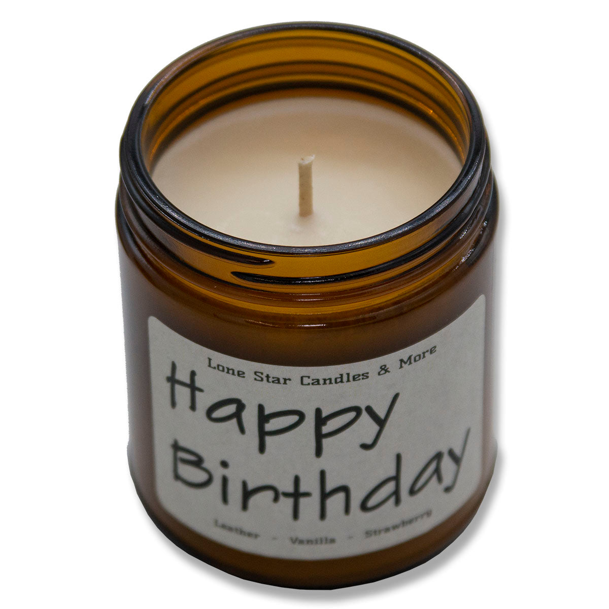 Leather & Lace, Lone Star Candles & More's Premium Hand Poured Strong Scented Soy Wax Gift Candle, Aroma of Genuine Leather & Creamy Vanilla, USA Made in Texas, Amber Glass Jars, 9oz Happy Birthday