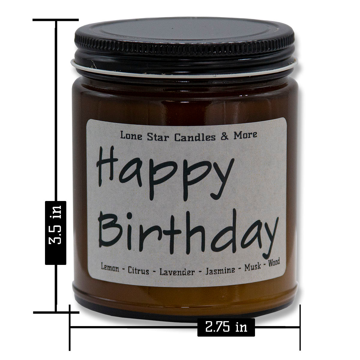 Icy Black, Lone Star Candles & More's Premium Hand Poured Strong Scented Soy Wax Gift Candle, A Uniquely Masculine and Earthy Blend, USA Made in Texas, Amber Glass Jars, 9oz Happy Birthday