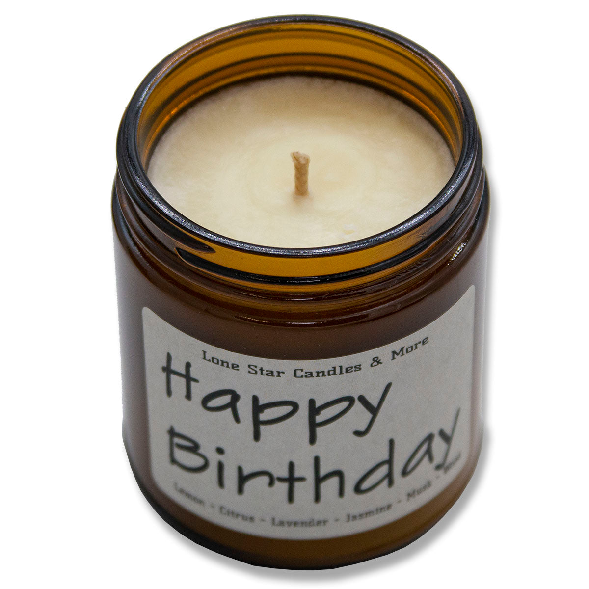 Icy Black, Lone Star Candles & More's Premium Hand Poured Strong Scented Soy Wax Gift Candle, A Uniquely Masculine and Earthy Blend, USA Made in Texas, Amber Glass Jars, 9oz Happy Birthday