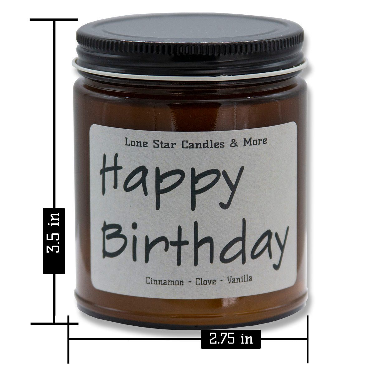 Cinnamon Vanilla, Lone Star Candles & More's Premium Hand Poured Strong Scented Soy Wax Gift Candle, Ground Cinnamon & Sweet Vanilla Bean, USA Made in Texas, Round Amber Glass Jars, 9oz Happy Birthday