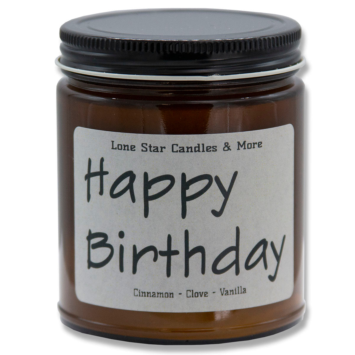 Cinnamon Vanilla, Lone Star Candles & More's Premium Hand Poured Strong Scented Soy Wax Gift Candle, Ground Cinnamon & Sweet Vanilla Bean, USA Made in Texas, Round Amber Glass Jars, 9oz Happy Birthday