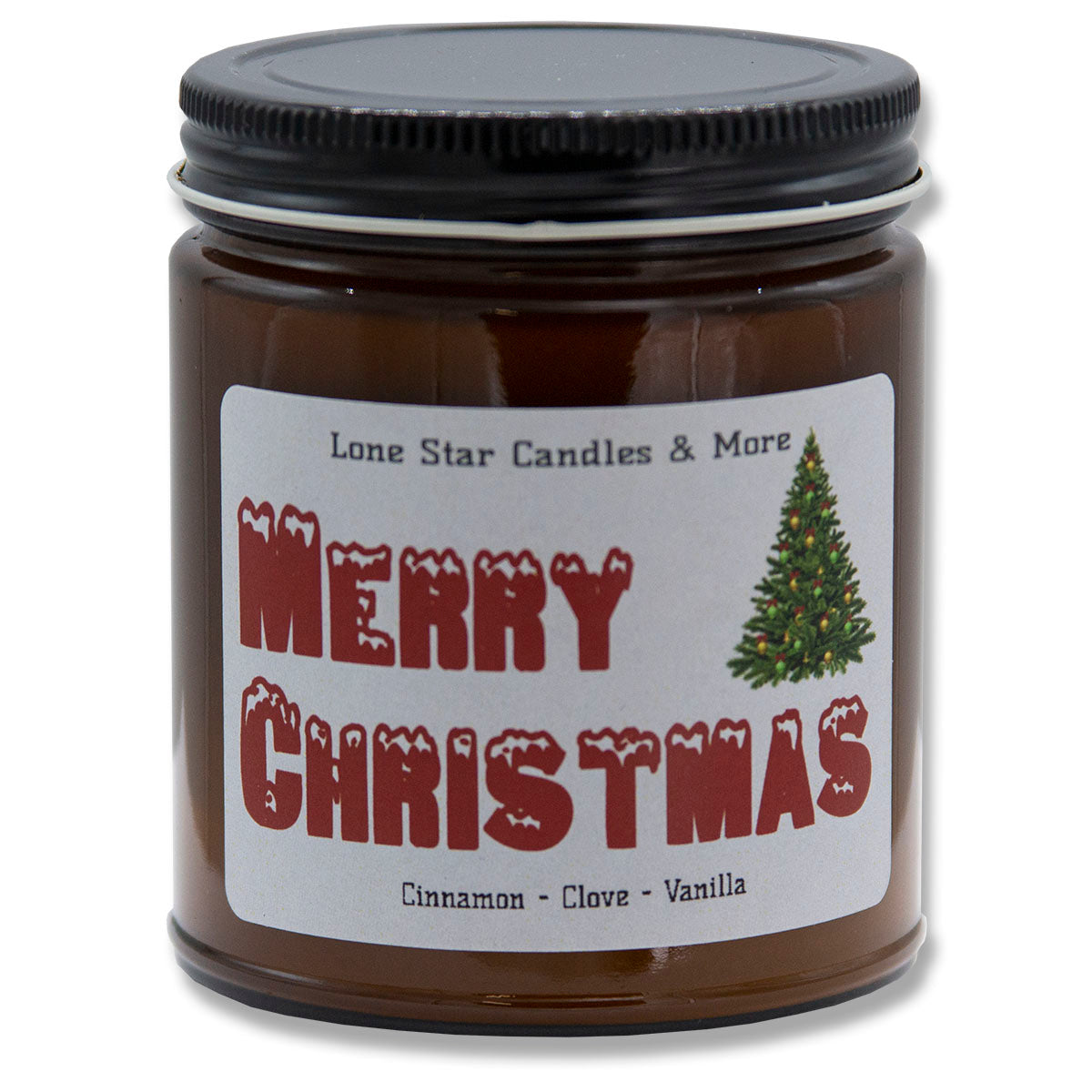 Cinnamon Vanilla, Lone Star Candles & More's Premium Hand Poured Strong Scented Soy Wax Gift Candle, Ground Cinnamon & Sweet Vanilla Bean, US Made in Texas, Round Amber Glass Jars, 9oz Merry Christmas