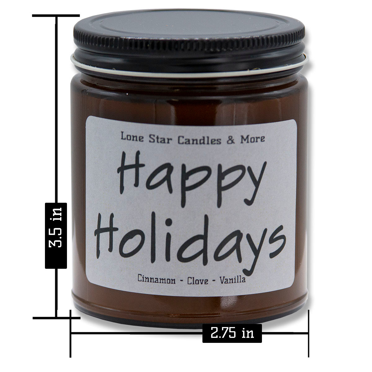 Cinnamon Vanilla, Lone Star Candles & More's Premium Hand Poured Strong Scented Soy Wax Gift Candle, Ground Cinnamon & Sweet Vanilla Bean, USA Made in Texas, Round Amber Glass Jars, 9oz Happy Holidays