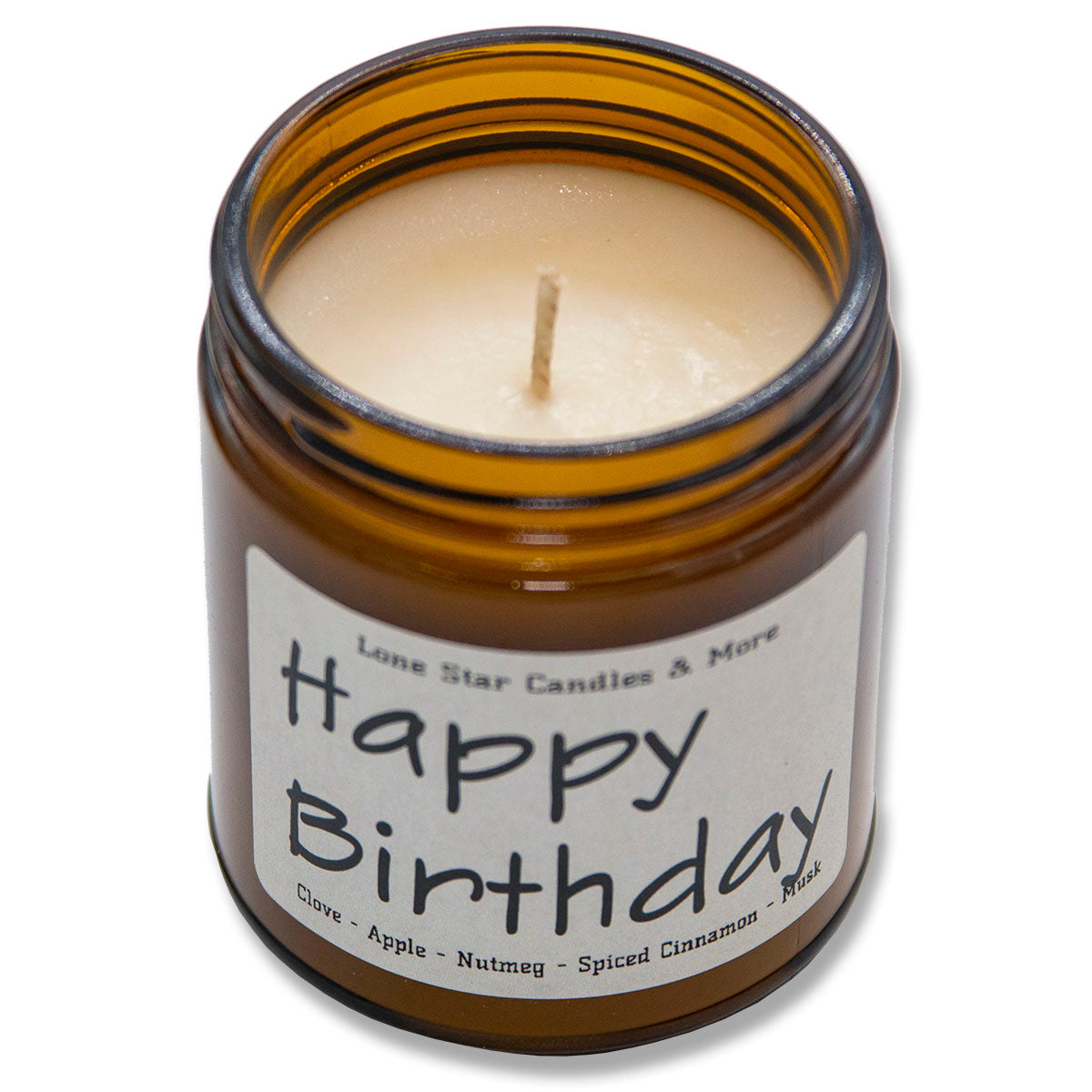Mulled Cider, Lone Star Candles & More's Premium Hand Poured Strongly Scented Soy Wax Gift Candle, The scent of Sweet N Spicy Cider, USA Made, Round Amber Glass Jar 9oz Happy Birthday