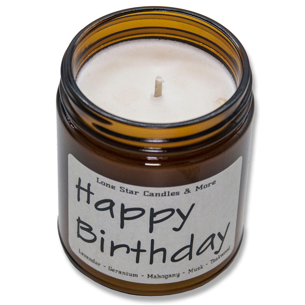 Mahogany Teakwood, Lone Star Candles & More's Premium Hand Poured Strongly Scented Soy Wax Gift Candle, A Rich Blend of Fine Woods and Florals, USA Made, Amber Glass Jar 9oz Happy Birthday
