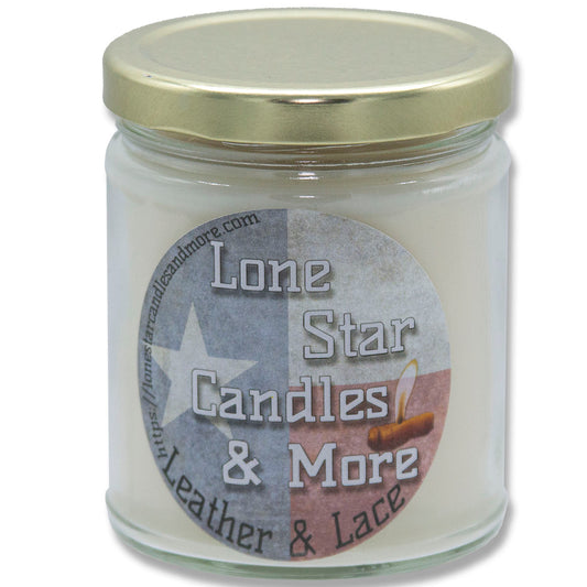 Leather & Lace, Lone Star Candles & More’s Original Aroma of Genuine Leather and Creamy Vanilla, 9oz Clear Round Jar, USA Made in Texas