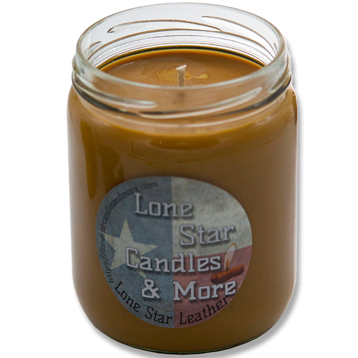 Leather, Lone Star Candles & More's Original Aroma of Genuine Leather, 16oz Clear Round Jar, USA Made in Texas
