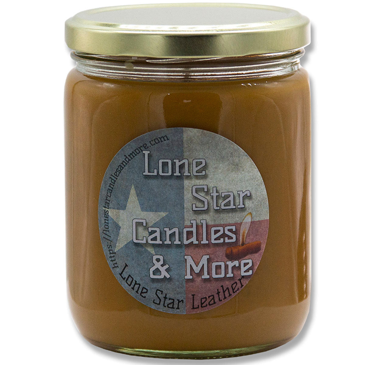 Leather, Lone Star Candles & More's Original Aroma of Genuine Leather, 16oz Clear Round Jar, USA Made in Texas