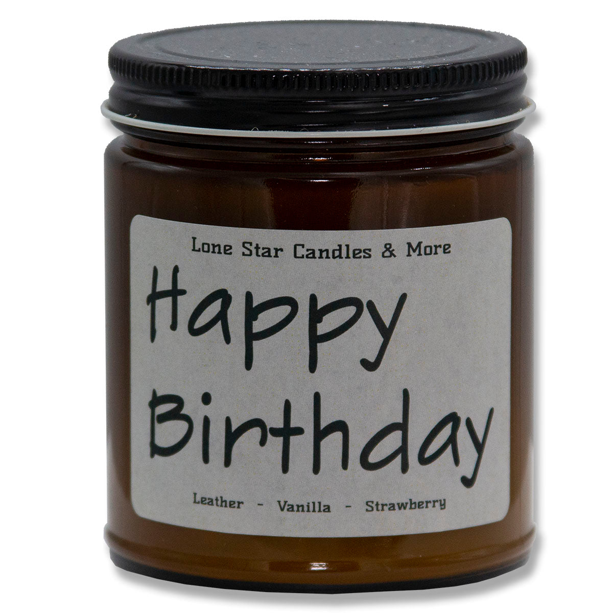 Leather & Lace, Lone Star Candles & More's Premium Hand Poured Strong Scented Soy Wax Gift Candle, Aroma of Genuine Leather & Creamy Vanilla, USA Made in Texas, Amber Glass Jars, 9oz Happy Birthday