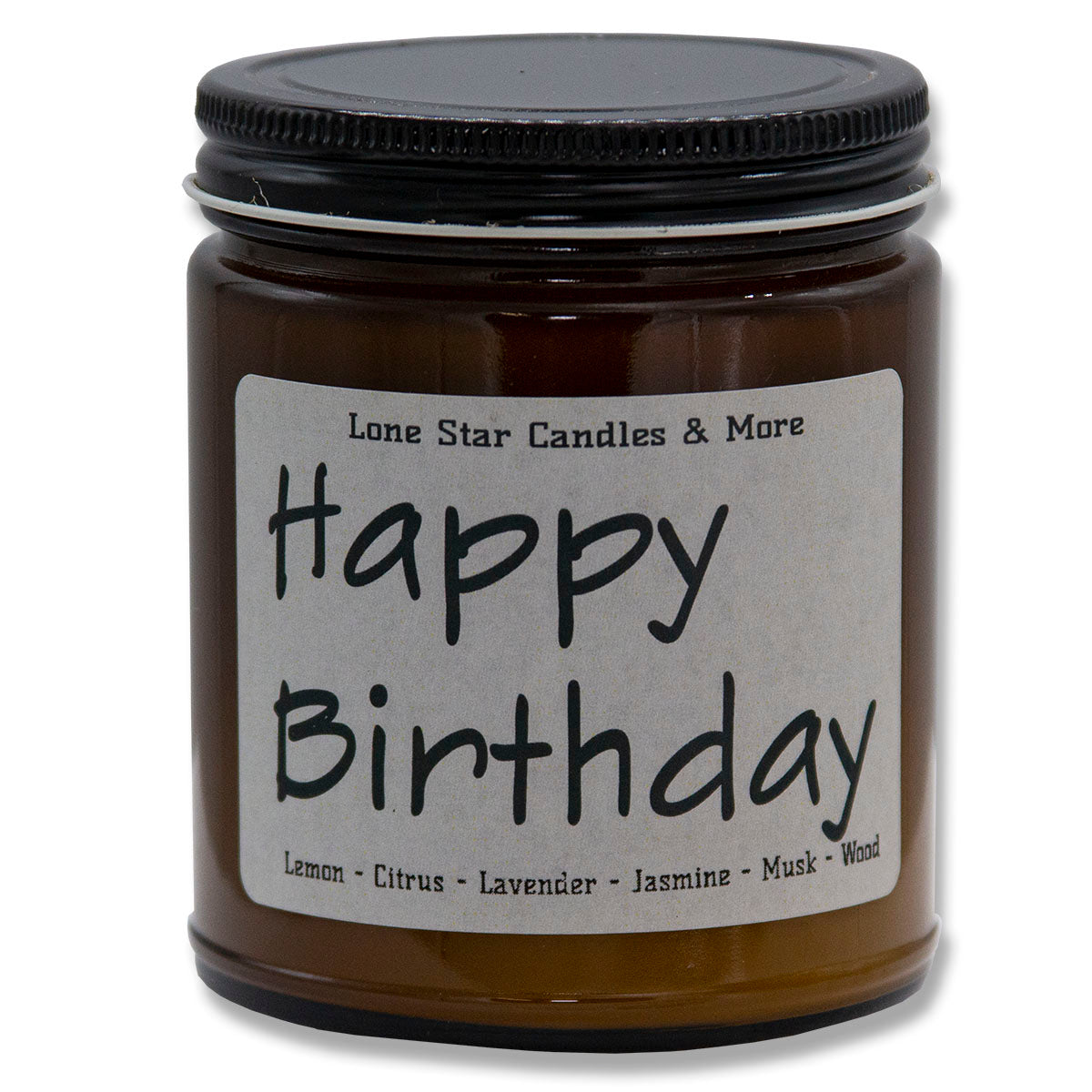 Icy Black, Lone Star Candles & More's Premium Hand Poured Strong Scented Soy Wax Gift Candle, A Uniquely Masculine and Earthy Blend, USA Made in Texas, Amber Glass Jars, 9oz Happy Birthday