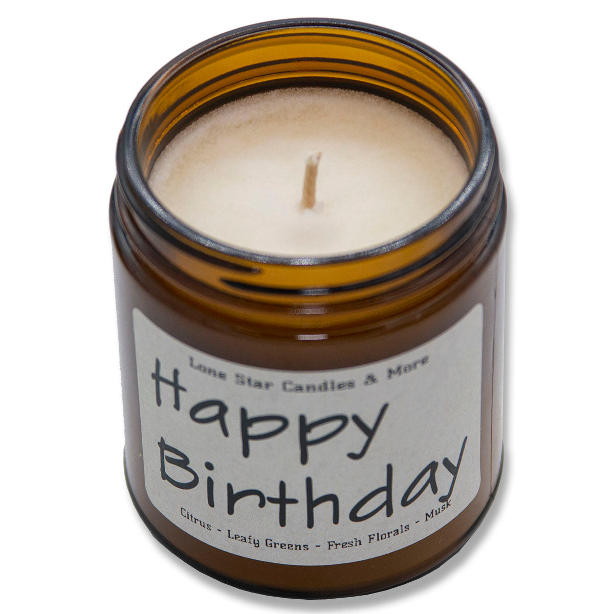 Summer Linen, Lone Star Candles & More's Premium Hand Poured Strongly Scented Soy Wax Gift Candle, A Breath of Fresh Air and Clean Linens, USA Made in Texas, Amber Glass Jar 9oz Happy Birthday