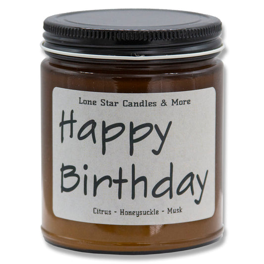 Honeysuckle, Lone Star Candles & More's Premium Hand Poured Strongly Scented Soy Wax Gift Candle, The perfect Spring and Summer-Time Scent, USA Made in Texas, Round Amber Glass Jar 9oz Happy Birthday