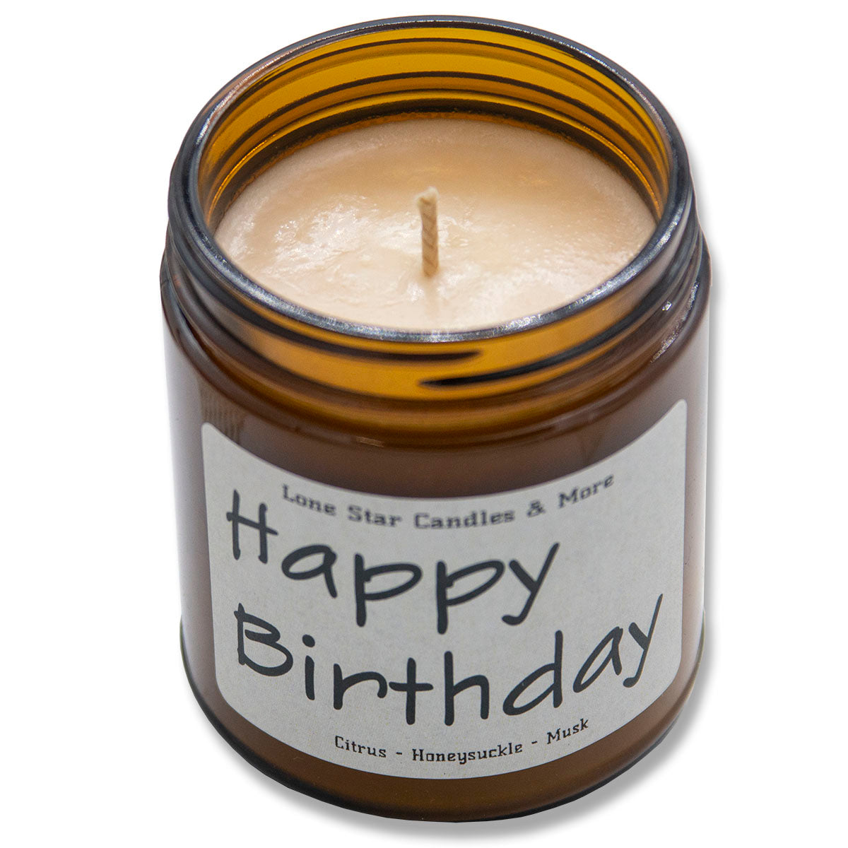 Honeysuckle, Lone Star Candles & More's Premium Hand Poured Strongly Scented Soy Wax Gift Candle, The perfect Spring and Summer-Time Scent, USA Made in Texas, Round Amber Glass Jar 9oz Happy Birthday