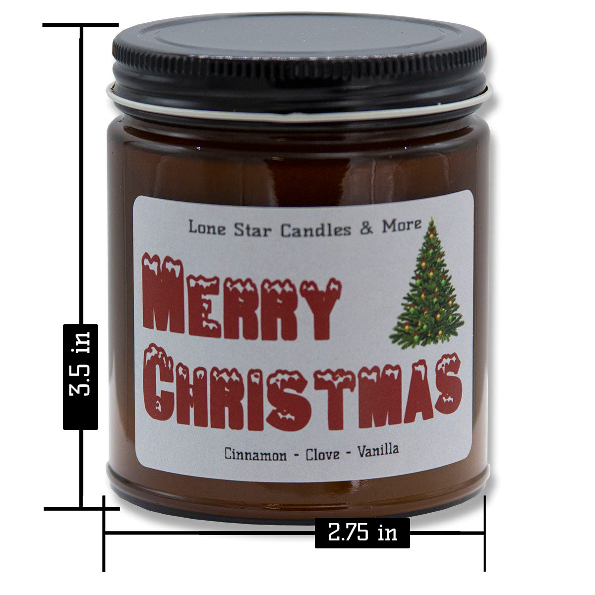 Cinnamon Vanilla, Lone Star Candles & More's Premium Hand Poured Strong Scented Soy Wax Gift Candle, Ground Cinnamon & Sweet Vanilla Bean, US Made in Texas, Round Amber Glass Jars, 9oz Merry Christmas