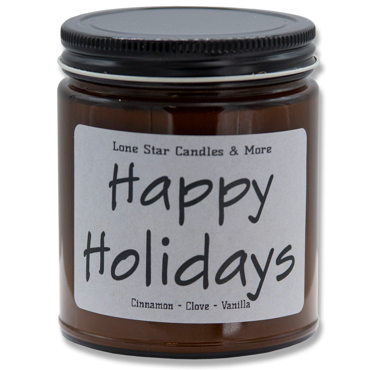 Cinnamon Vanilla, Lone Star Candles & More's Premium Hand Poured Strong Scented Soy Wax Gift Candle, Ground Cinnamon & Sweet Vanilla Bean, USA Made in Texas, Round Amber Glass Jars, 9oz Happy Holidays