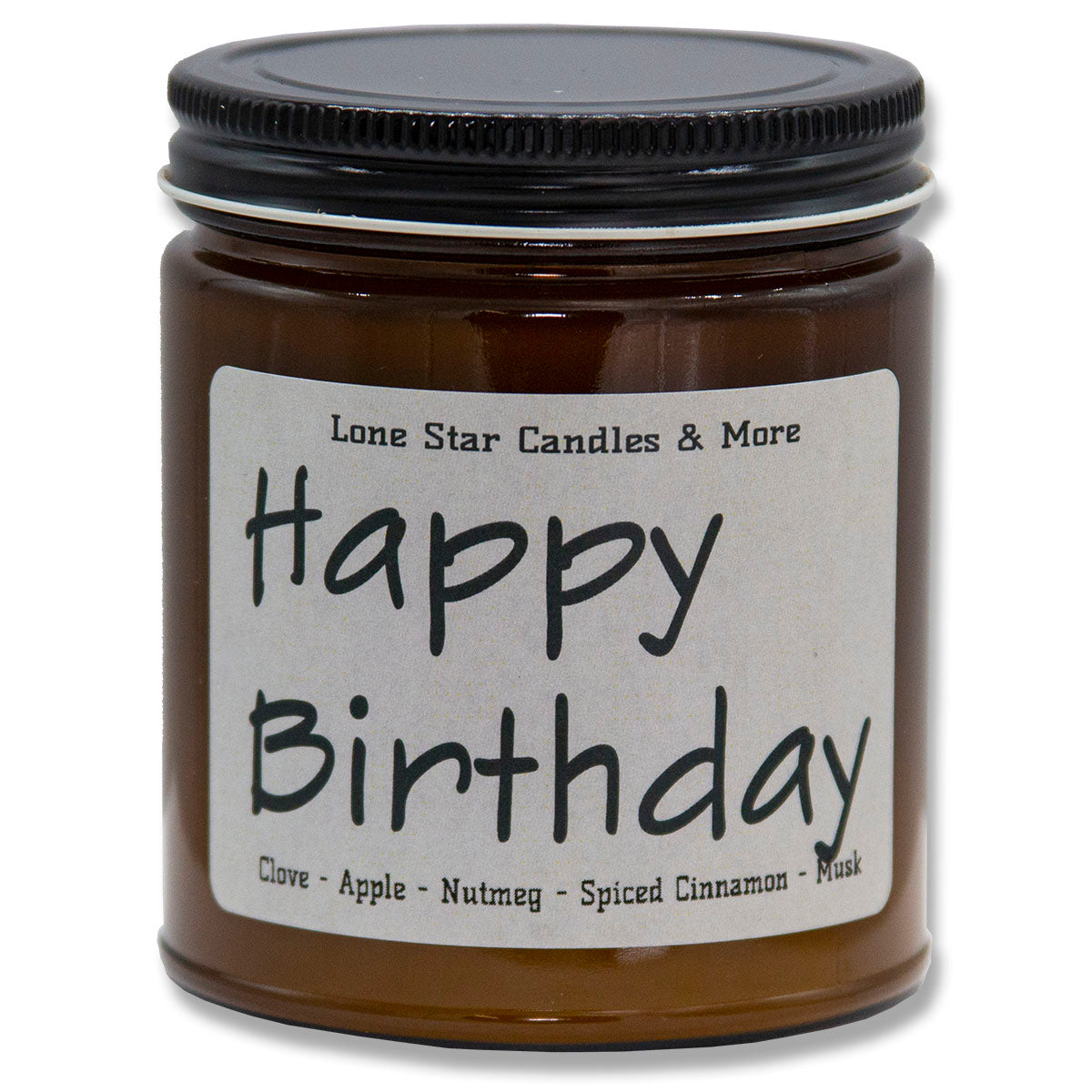 Mulled Cider, Lone Star Candles & More's Premium Hand Poured Strongly Scented Soy Wax Gift Candle, The scent of Sweet N Spicy Cider, USA Made, Round Amber Glass Jar 9oz Happy Birthday