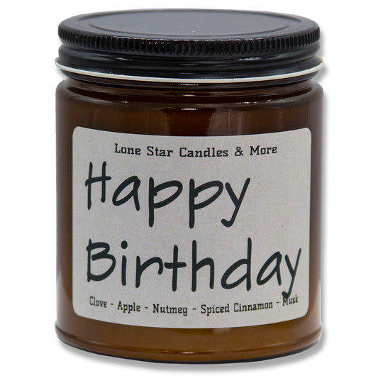 Mulled Cider, Lone Star Candles & More's Premium Hand Poured Strongly Scented Soy Wax Gift Candle, The scent of Sweet N Spicy Cider, USA Made, Round Amber Glass Jar 9oz Happy Birthday