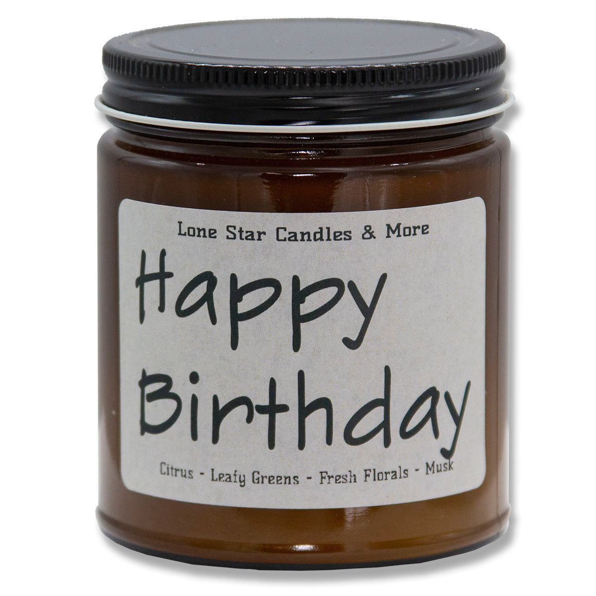 Summer Linen, Lone Star Candles & More's Premium Hand Poured Strongly Scented Soy Wax Gift Candle, A Breath of Fresh Air and Clean Linens, USA Made, Amber Glass Jar 9oz Happy Birthday