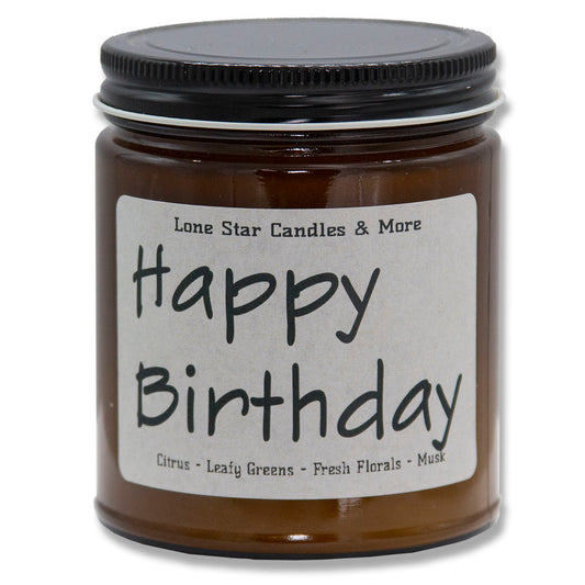 Summer Linen, Lone Star Candles & More's Premium Hand Poured Strongly Scented Soy Wax Gift Candle, A Breath of Fresh Air and Clean Linens, USA Made, Amber Glass Jar 9oz Happy Birthday