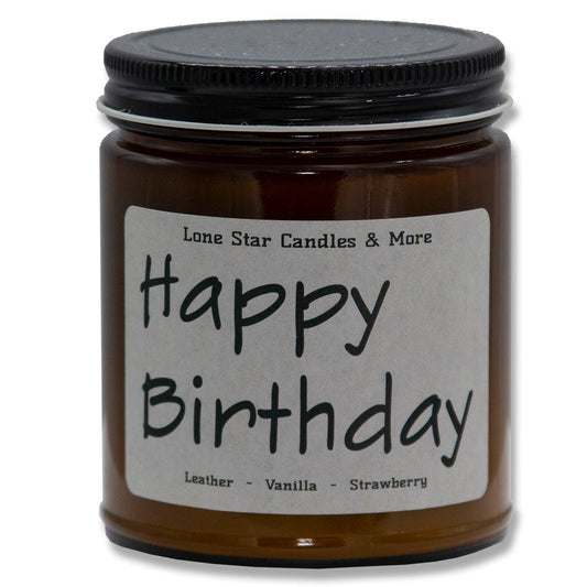 Leather & Lace, Lone Star Candles & More's Premium Hand Poured Strong Scented Soy Wax Gift Candle, Aroma of Genuine Leather & Creamy Vanilla, USA Made, Amber Glass Jars, 9oz Happy Birthday