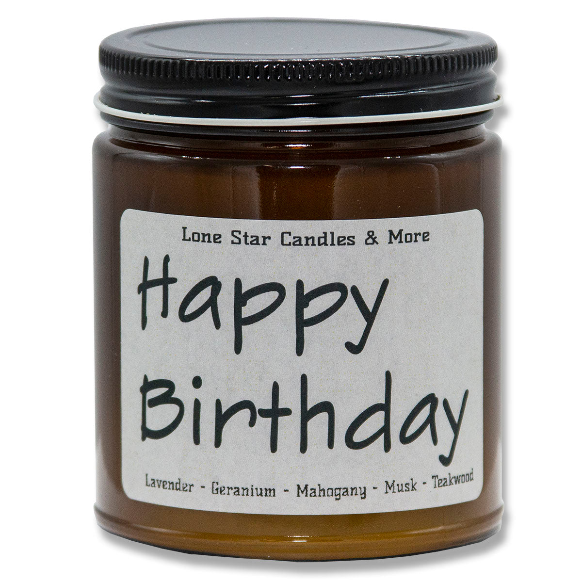 Mahogany Teakwood, Lone Star Candles & More's Premium Hand Poured Strongly Scented Soy Wax Gift Candle, A Rich Blend of Fine Woods and Florals, USA Made, Amber Glass Jar 9oz Happy Birthday