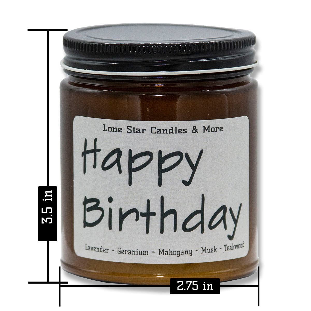 Mahogany Teakwood, Lone Star Candles & More's Premium Hand Poured Strongly Scented Soy Wax Gift Candle, A Rich Blend of Fine Woods and Florals, USA Made, Amber Glass Jar 9oz Happy Birthday